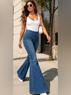 Good American Dolly Joleans Extreme Flare Jeans High Rise Medium Wash SzM NWOT